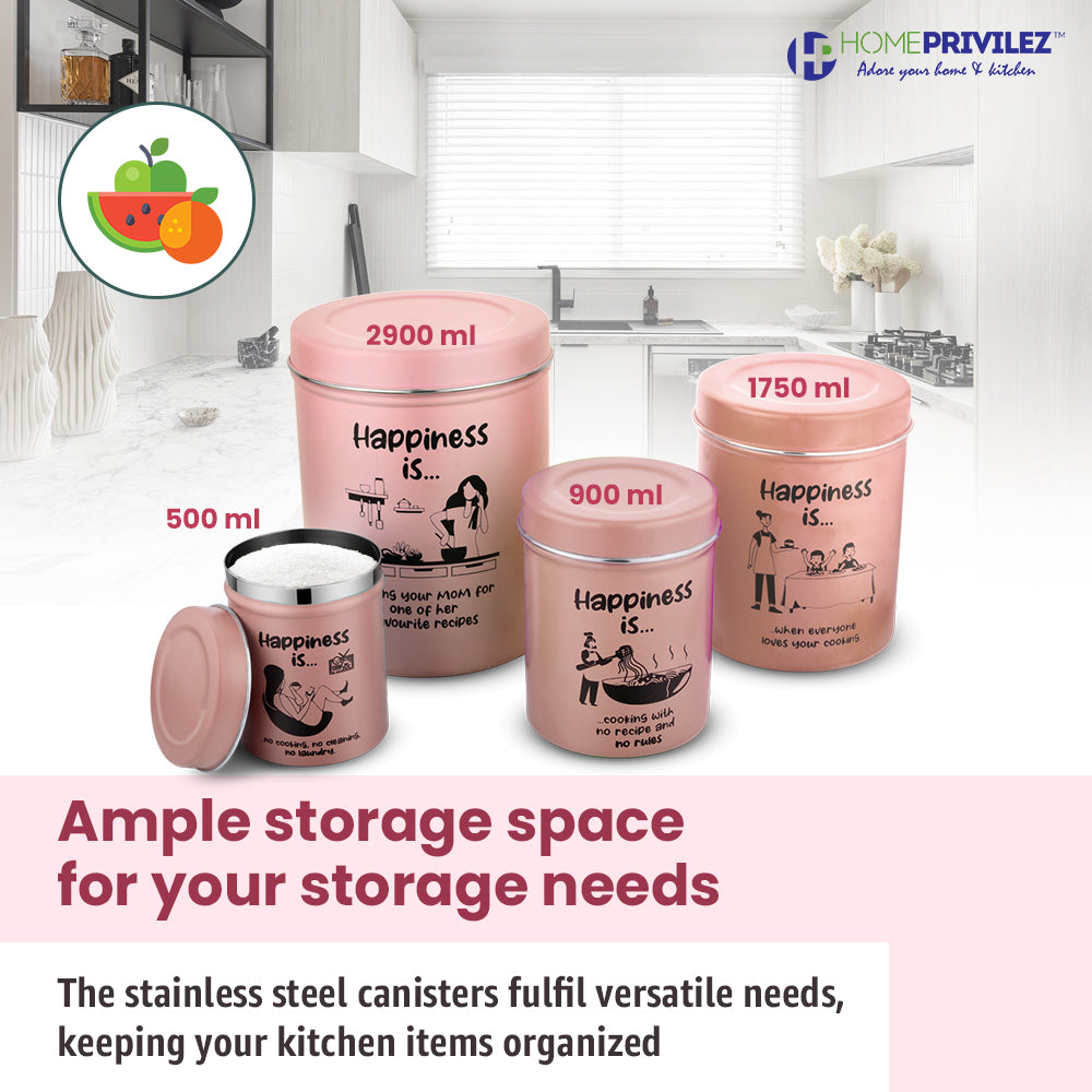 “ChromaJars” Stainless steel Stylish Coloured printed storage containers set of 4 for Home & Kitchen 500Ml, 900ML,1750 ML & 2900 ML (PINK)