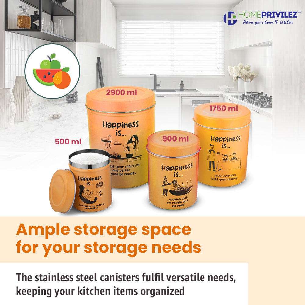 “ChromaJars” Stainless steel Stylish Coloured printed storage containers set of 4 for Home & Kitchen 500Ml, 900ML,1750 ML & 2900 ML (ORANGE)