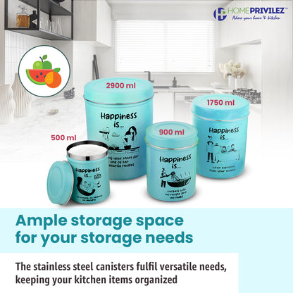 “ChromaJars” Stainless steel Stylish Coloured printed storage containers set of 4 for Home & Kitchen 500Ml, 900ML,1750 ML & 2900 ML (SKY BLUE)