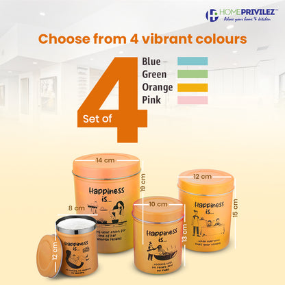 “ChromaJars” Stainless steel Stylish Coloured printed storage containers set of 4 for Home & Kitchen 500Ml, 900ML,1750 ML & 2900 ML (ORANGE)