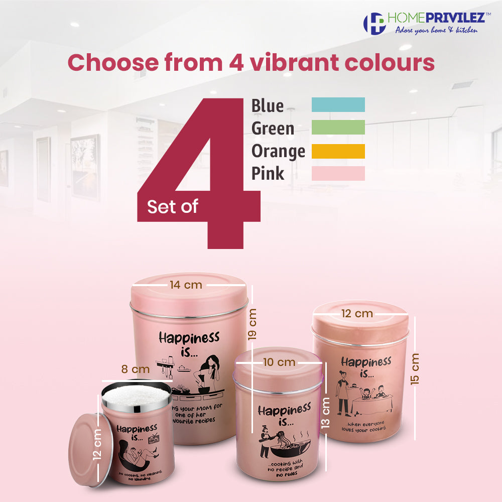 “ChromaJars” Stainless steel Stylish Coloured printed storage containers set of 4 for Home & Kitchen 500Ml, 900ML,1750 ML & 2900 ML (PINK)