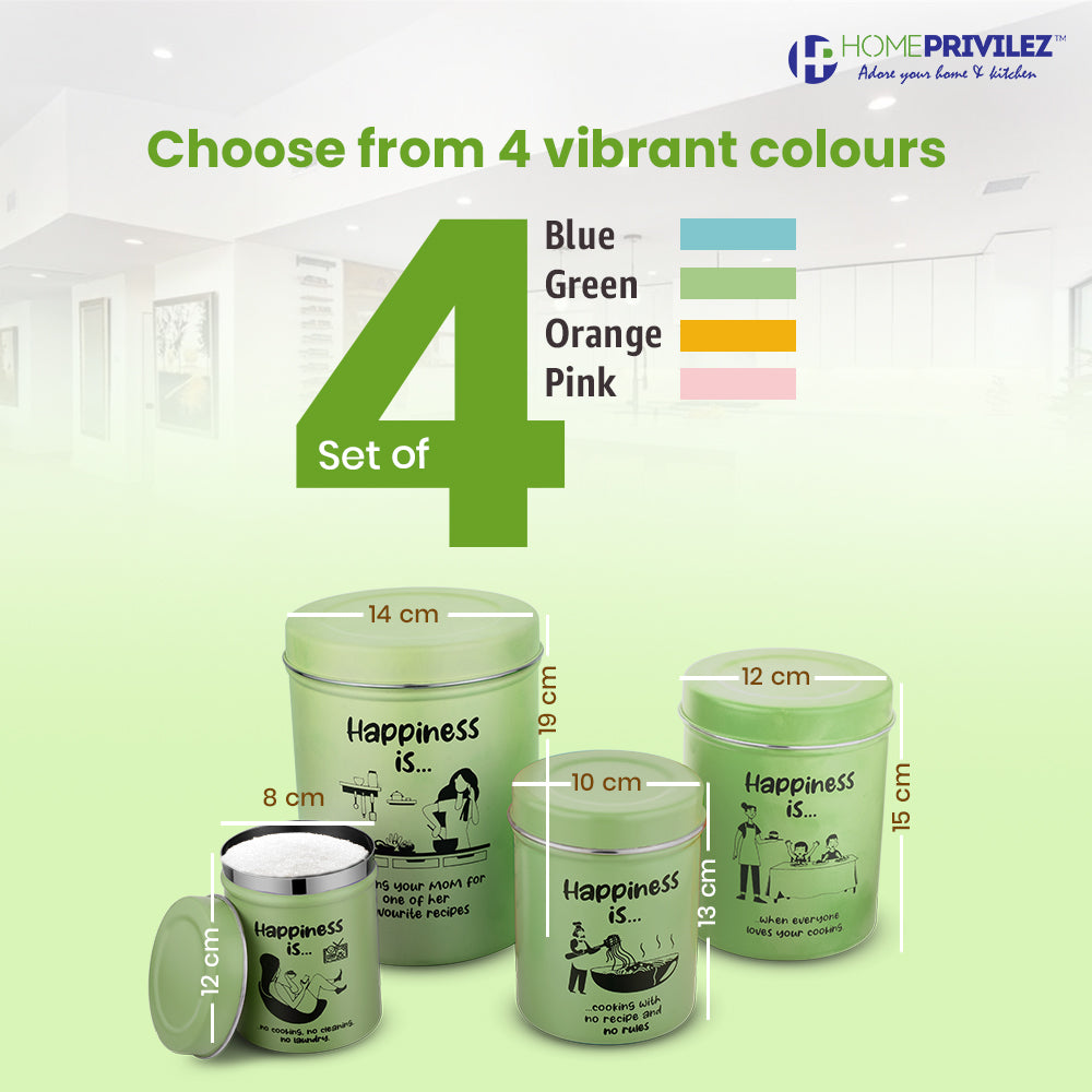 “ChromaJars” Stainless steel Stylish Coloured printed storage containers set of 4 for Home & Kitchen 500Ml, 900ML,1750 ML & 2900 ML (GREEN)
