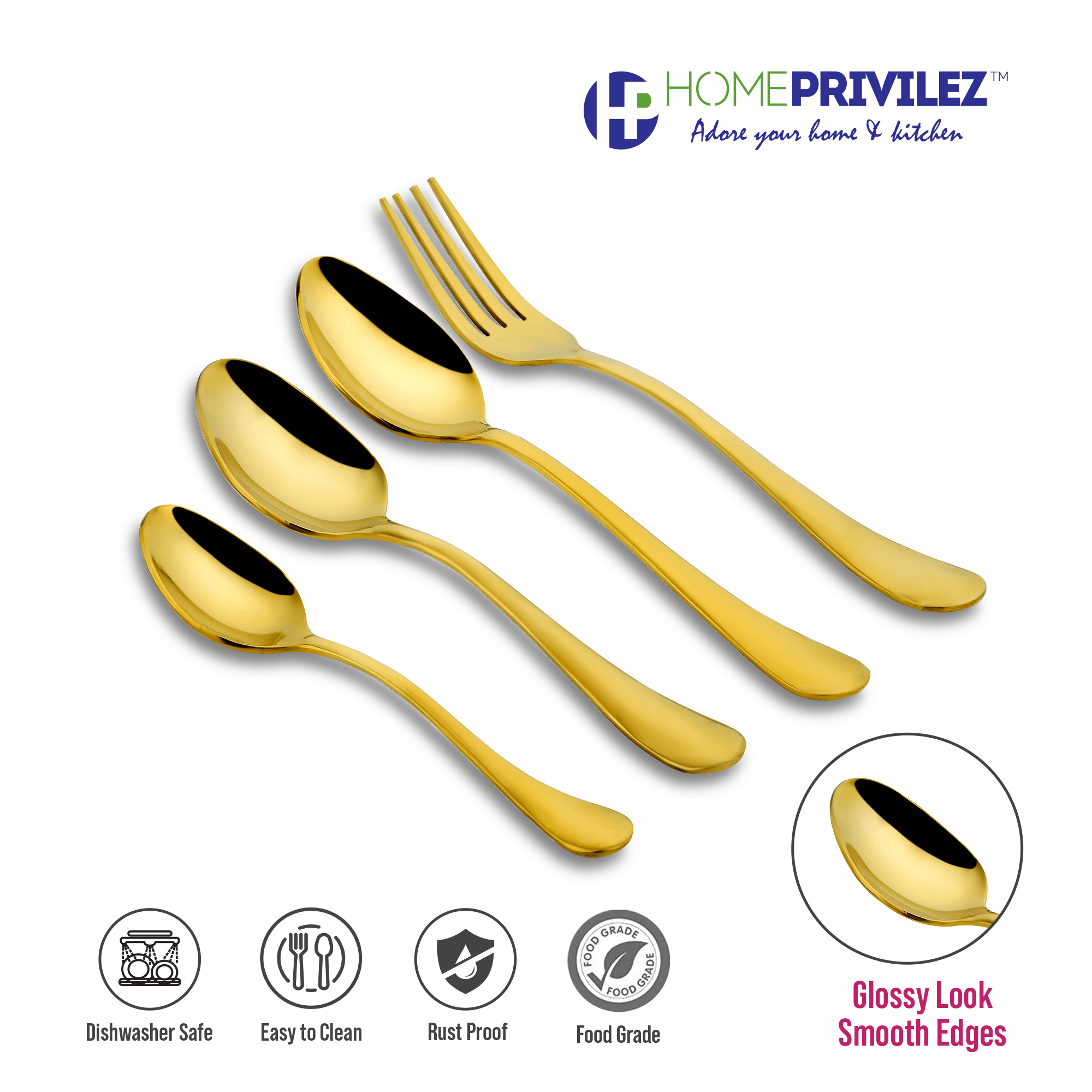 Aster Stainless Steel PVD Gold Cutlery with Wooden Base (set of 24 pcs)