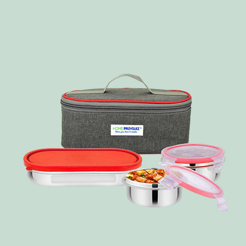 "Steel-Fresh" Stainless Steel Air Tight and Leak Proof Lunchbox-350ml x2 and 600ml Flat Steel Container (Set of 2 Combo)