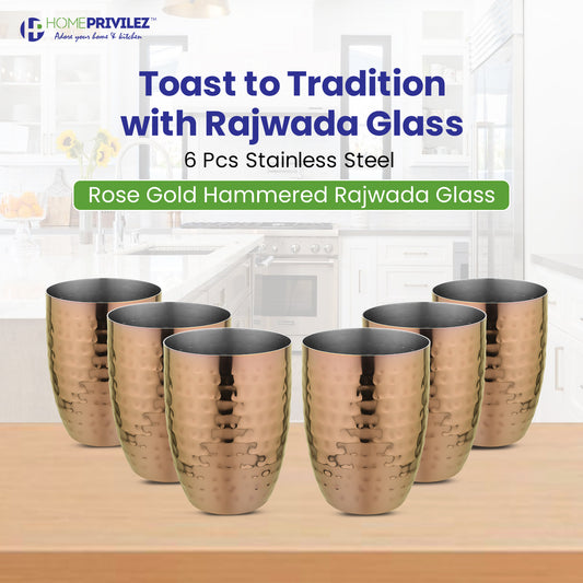 Rajwada Hammered Steel Glass- ROSE GOLD-6 Pcs
