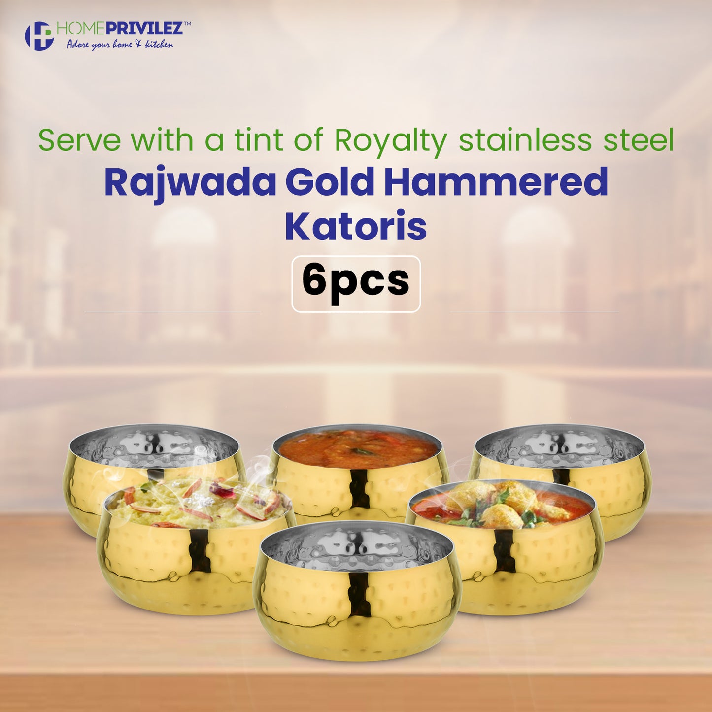 Rajwada Hammered Steel Katori-GOLD-6 pcs