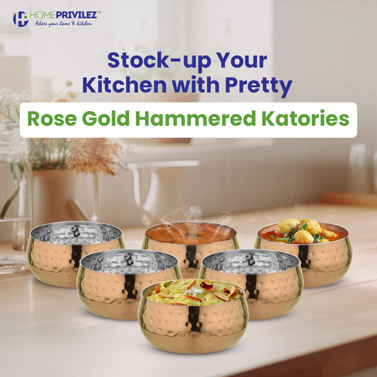 Rajwada Hammered Steel Katori-ROSE GOLD - 6 pcs set