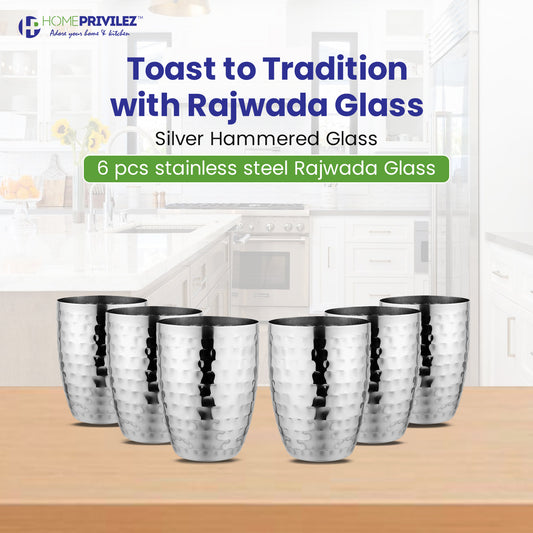 Rajwada Hammered Steel Glass -Silver -6 pcs set