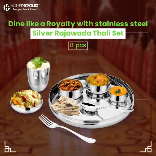 Rajwada Steel Thali set 8 Pcs - Silver