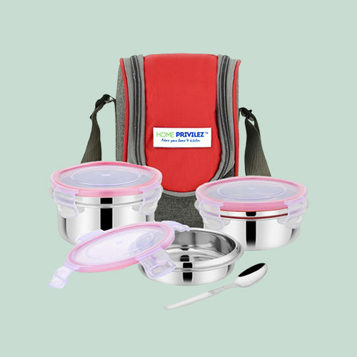 "Steel-Fresh" Stainless Steel Air Tight and Leak Proof Lunchbox-350mlx1,250mlx2 pcs, 100mlx1 and Glass 400ml (Set of 5 Combo)