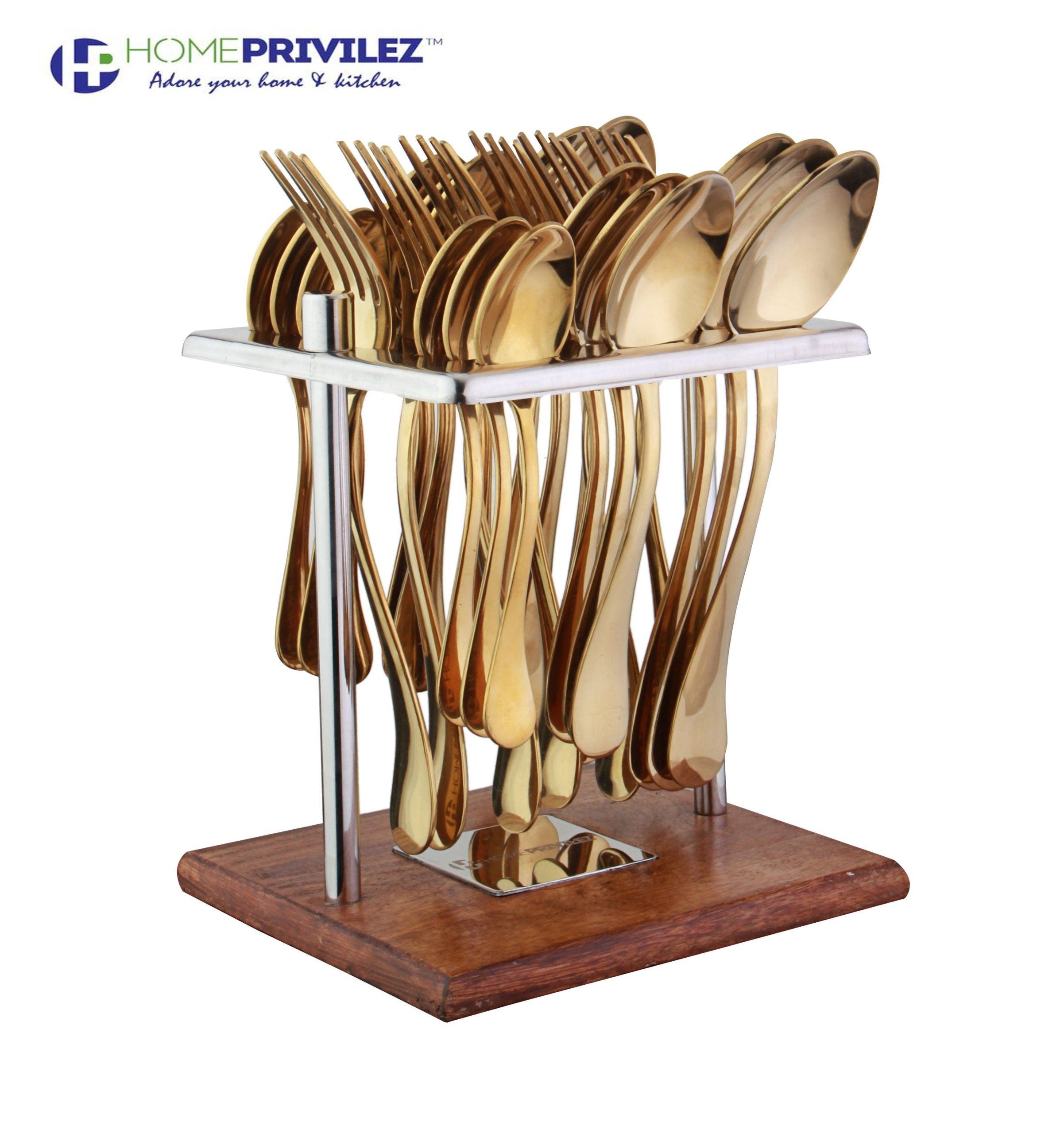 Aster Stainless Steel PVD Gold Cutlery with Wooden Base (set of 24 pcs)