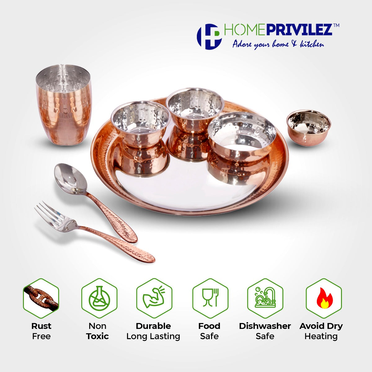 Hammered Stainless Steel Thali set of 8 Pcs (Gold, Steel & Rose gold colour)