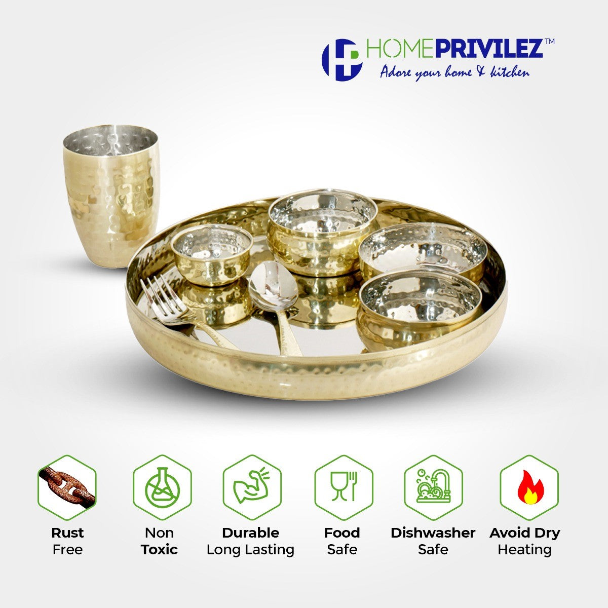 Hammered Stainless Steel Thali set of 8 Pcs (Gold, Steel & Rose gold colour)
