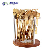 Aster Stainless Steel PVD Gold Cutlery with Wooden Base (set of 24 pcs)