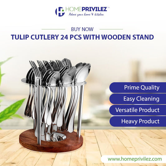 Tulip Cutlery - Stainless Steel 24pcs Cutlery in Stainless Steel stand with wooden base