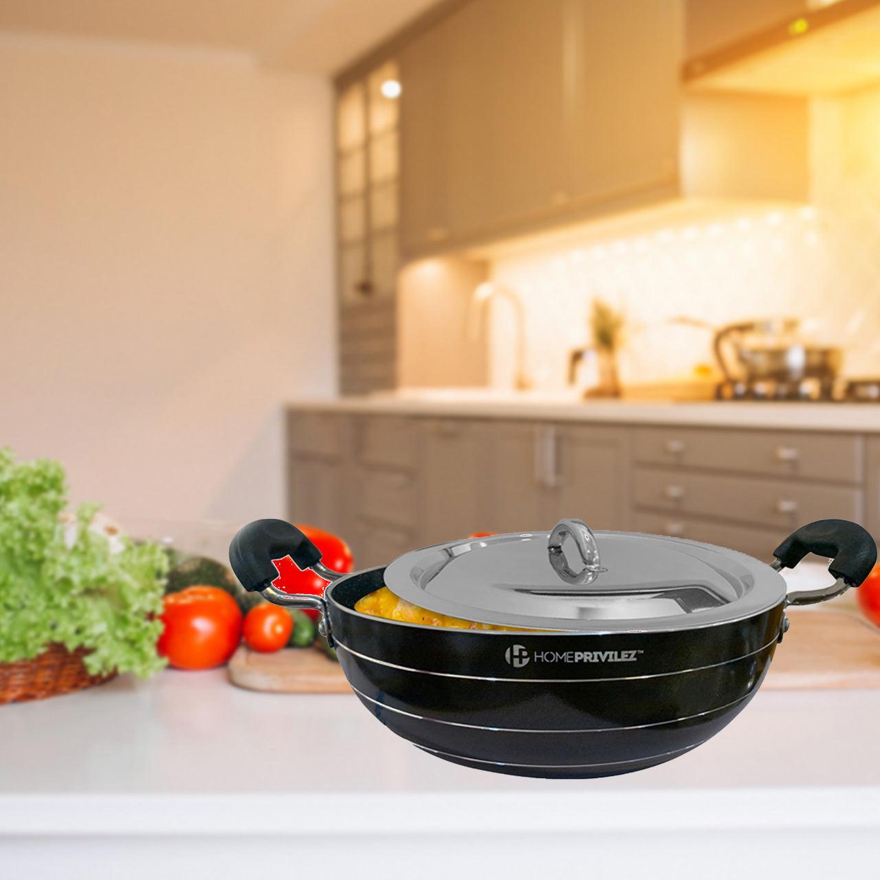 Non-Stick Induction Kadhai (5-layer granite coating) with SS Lid