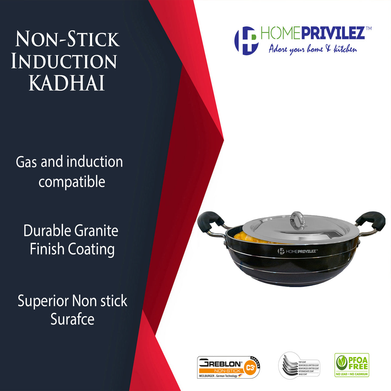 Non-Stick Induction KADHAI (5-layer granite coating) with SS Lid