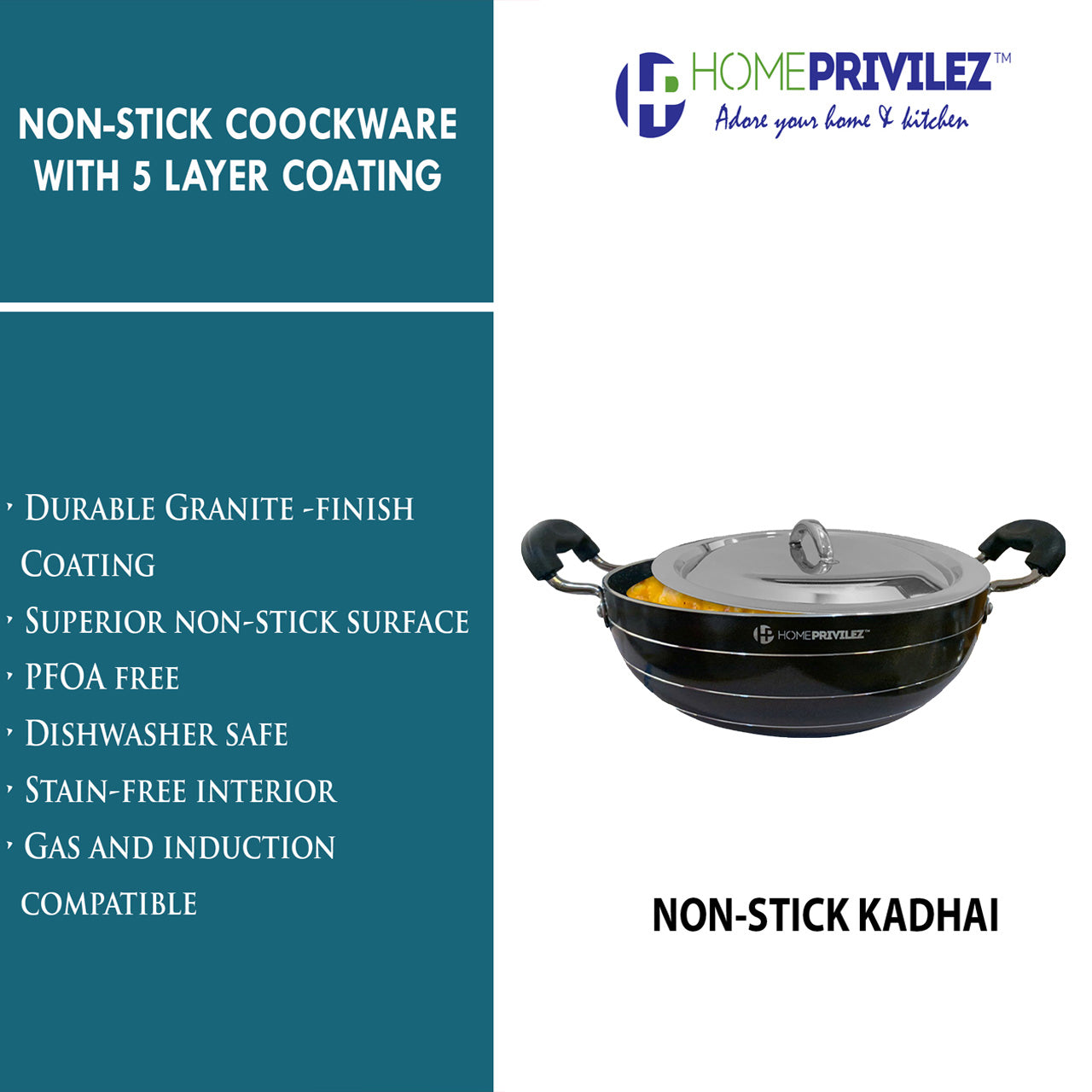 Non-Stick Induction KADHAI (5-layer granite coating) with SS Lid