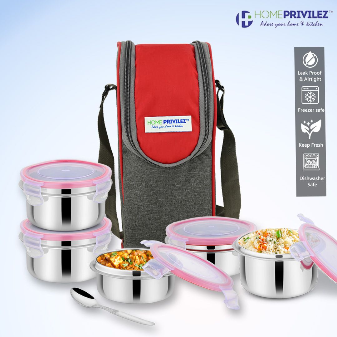 “Steel-Fresh” Stainless Steel Air Tight and Leak Proof Lunchbox-2x350ml, 2x250ml and 100mlx1 pcs (Set of 5)