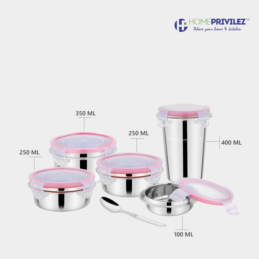 "Steel-Fresh" Stainless Steel Air Tight and Leak Proof Lunchbox-350mlx1,250mlx2 pcs, 100mlx1 and Glass 400ml (Set of 5 Combo)