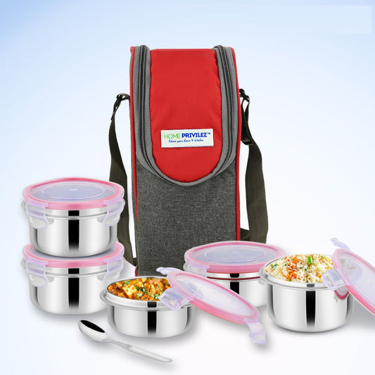 “Steel-Fresh” Stainless Steel Air Tight and Leak Proof Lunchbox-2x350ml, 2x250ml and 100mlx1 pcs (Set of 5)