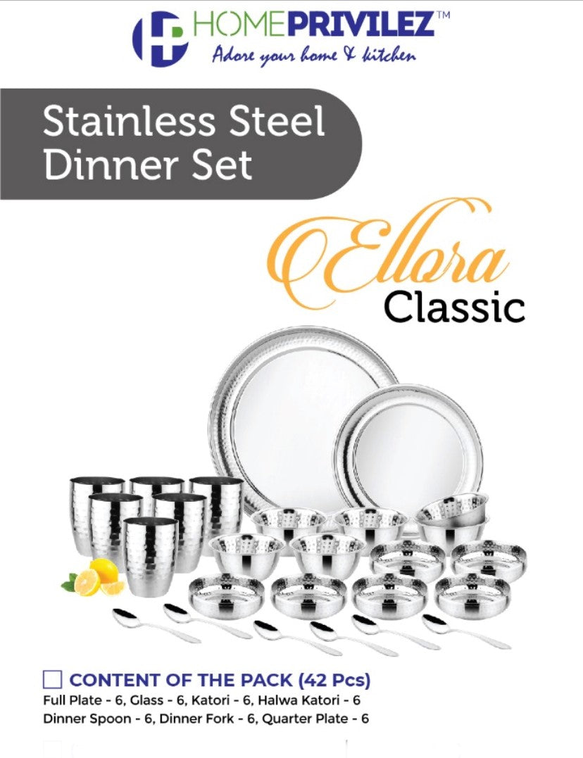 Ellora Classic Stainless Steel Dinner Set (Set of 42/24 pcs)