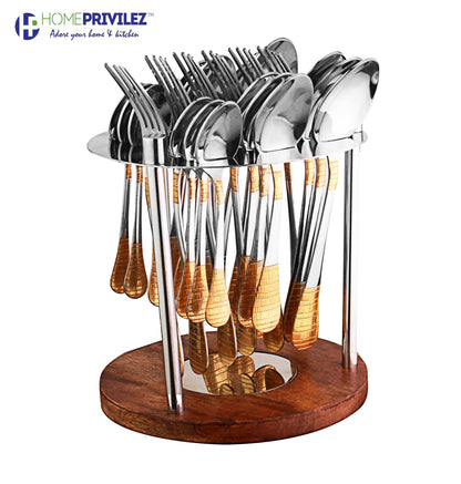 Nora cutlery-Stainless Steel and gold coated 24 pcs set in Stainless Steel stand with wooden base