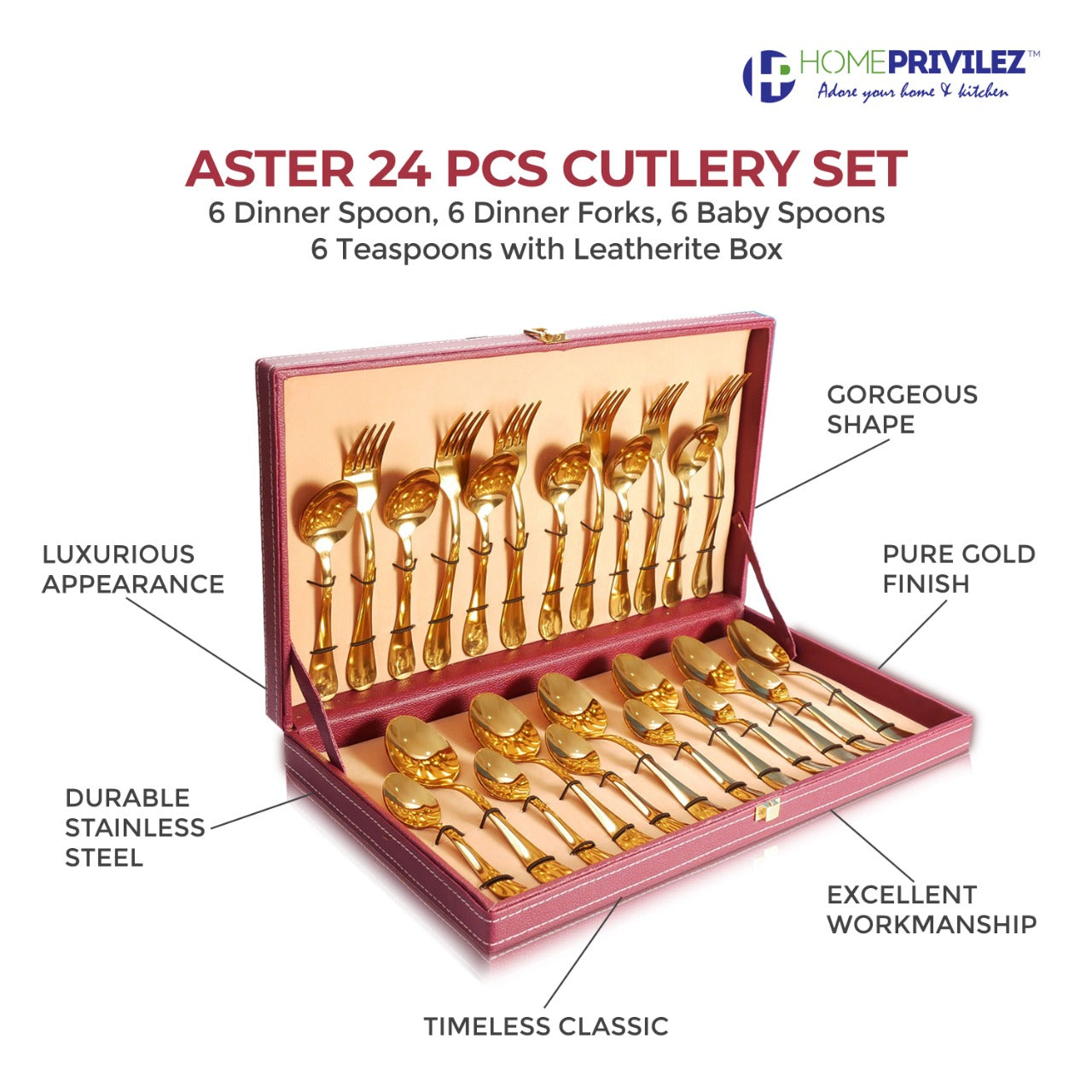 Aster (PVD gold) Stainless Steel Cutlery in Leatherite Box (24Pcs)
