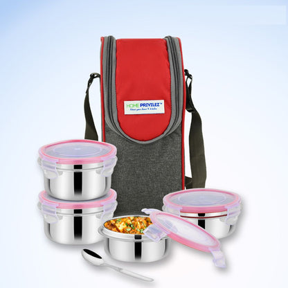 “Steel-Fresh” Stainless Steel Air Tight and Leak Proof Lunchbox -350mlx2 pcs, 250mlx1 pcs and 100mlx1 pcs(Set of 4)