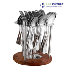 Tulip Cutlery - Stainless Steel 24pcs Cutlery in Stainless Steel stand with wooden base