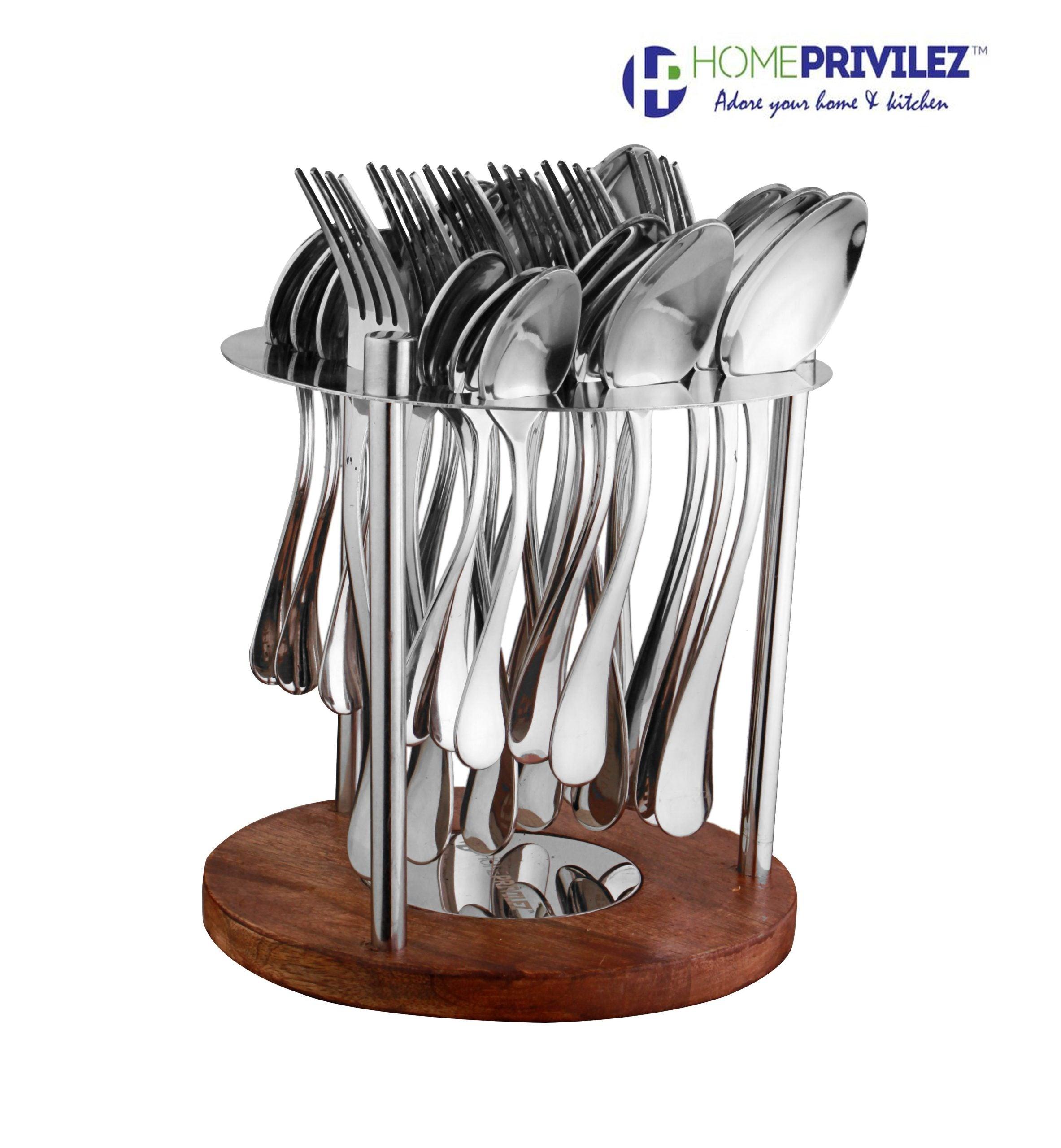 Tulip Cutlery - Stainless Steel 24pcs Cutlery in Stainless Steel stand with wooden base