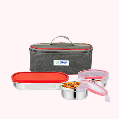 "Steel-Fresh" Stainless Steel Air Tight and Leak Proof Lunchbox-350ml x2 and 600ml Flat Steel Container (Set of 2 Combo)