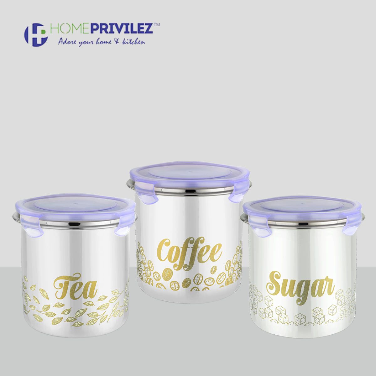 “Flip & Seal “Stainless Steel Air Tight Storage Container- Tea, Coffee & Sugar Set of 3 in white colour(1000mLx3)