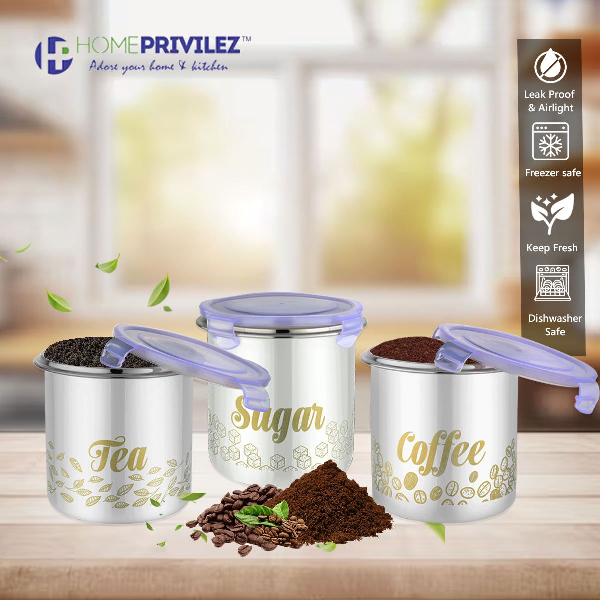 “Flip & Seal “Stainless Steel Air Tight Storage Container- Tea, Coffee & Sugar Set of 3 in white colour(1000mLx3)