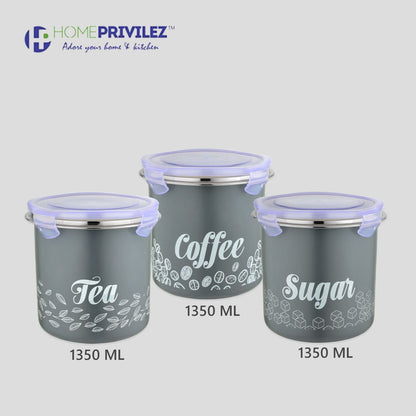 “Flip & Seal “Stainless Steel Air Tight Storage Container- Tea, Coffee & Sugar Set of 3 in Grey colour(1350mLx3)