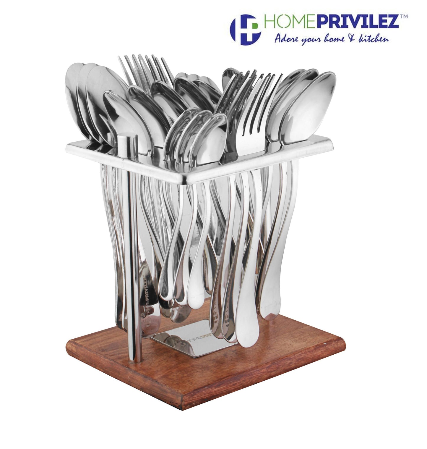 Tulip Cutlery - Stainless Steel 24pcs Cutlery in Stainless Steel stand with wooden base